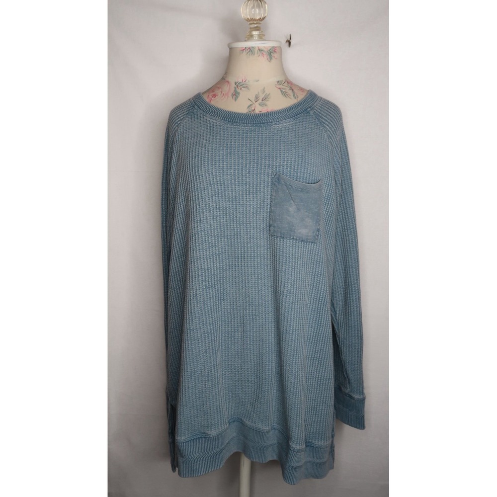 Soft Surroundings Waffle Knit Tunic Blue Women's L Pocket Comfort Cozy EUC